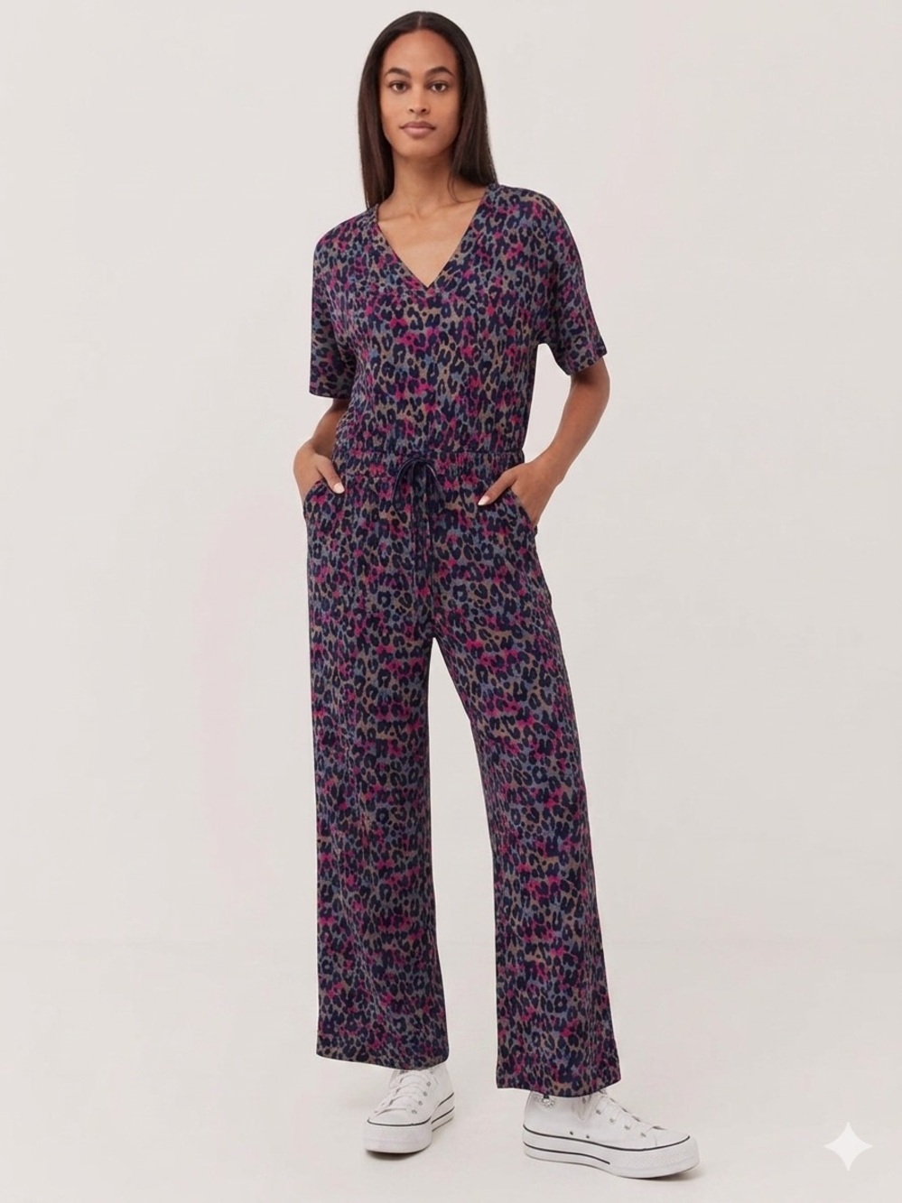 PACT Leopard Print V-Neck Jumpsuit Size M